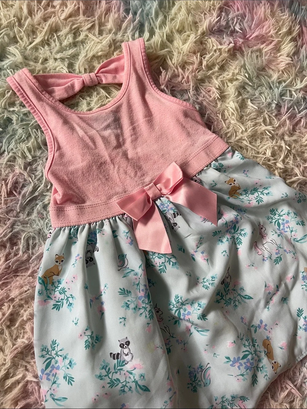 Girls' Pink Bow Floral Casual Dress - Sleeveless with Minty Floral Tank Top 4T